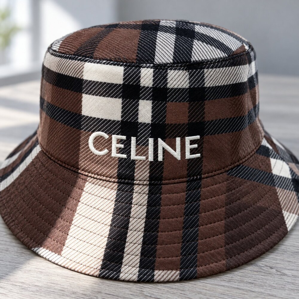 CELINE Brown Check Plaid Bucket Hat - Picture 5 of 6